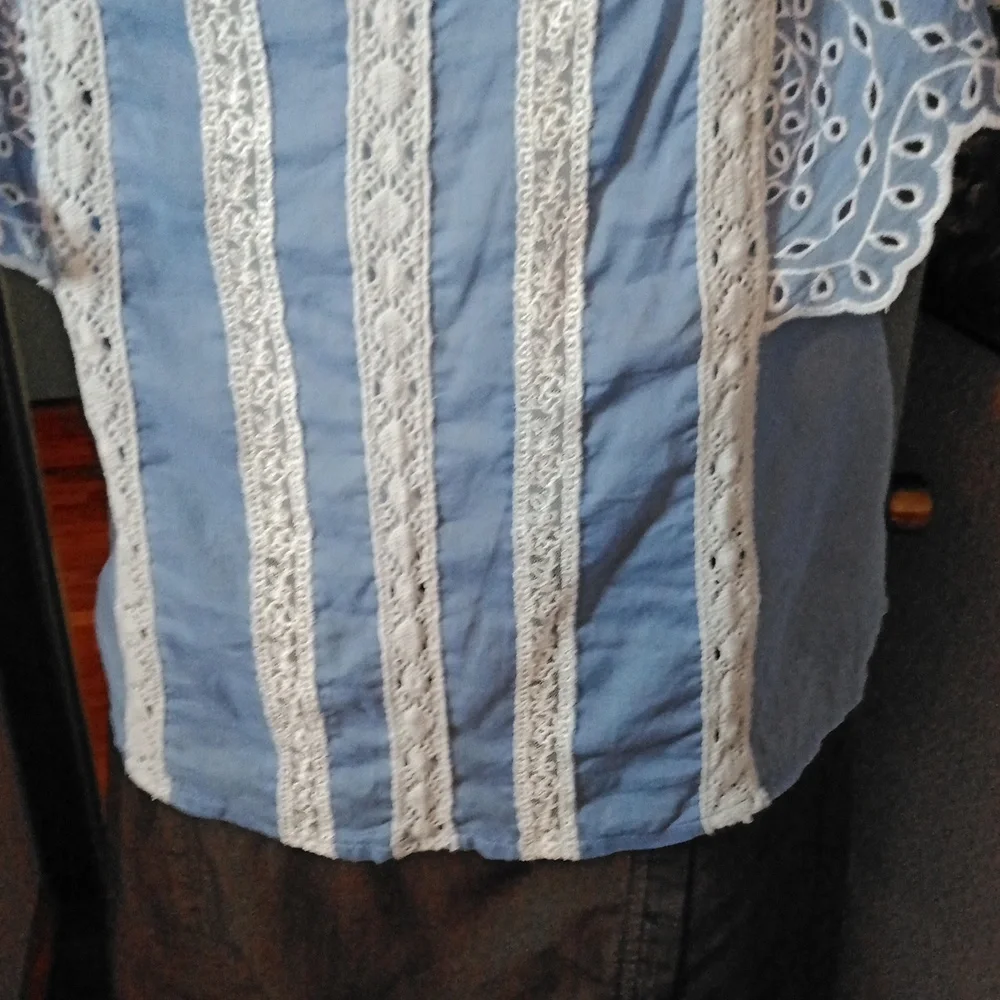 ANTHROPOLOGIE So Cute Lace Trim Blue Ruffle Flutter Sleeved With Lace Top Sz 2 - Picture 3 of 10